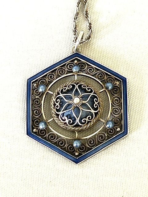 Exquisite Marius Hammer Silver & Guilloche Enamel Pendant Necklace