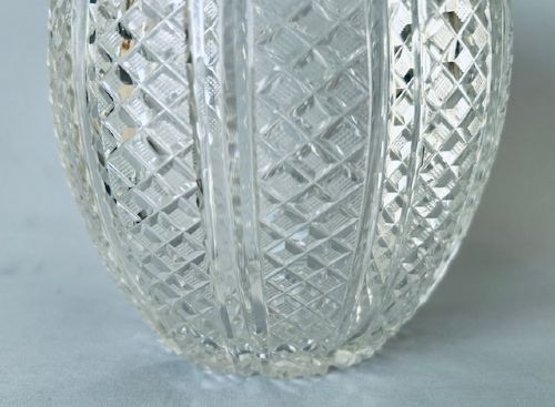 A Georgian clear cut-glass novelty biscuit barrel shaped like a melon with diamond cutting and a curved glass stem lid. View IV