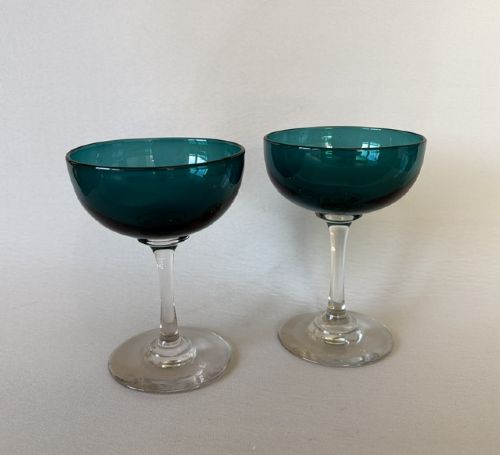 Rare Pair of Victorian Green Bowl Champagne Glasses