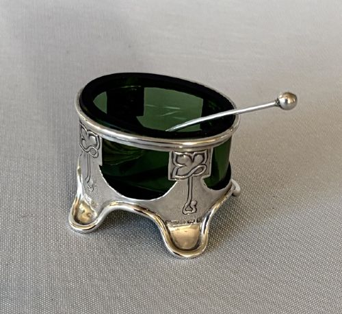 A Charming Art Nouveai Silver & Grenn Glass Salt Tub & Spoon
