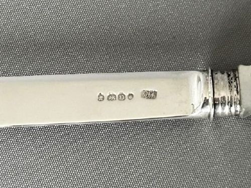 fig 1. An antique Georgian letter opener featuring a tapered silver blade with stamped hallmarks and a carved cream mother of pearl handle.