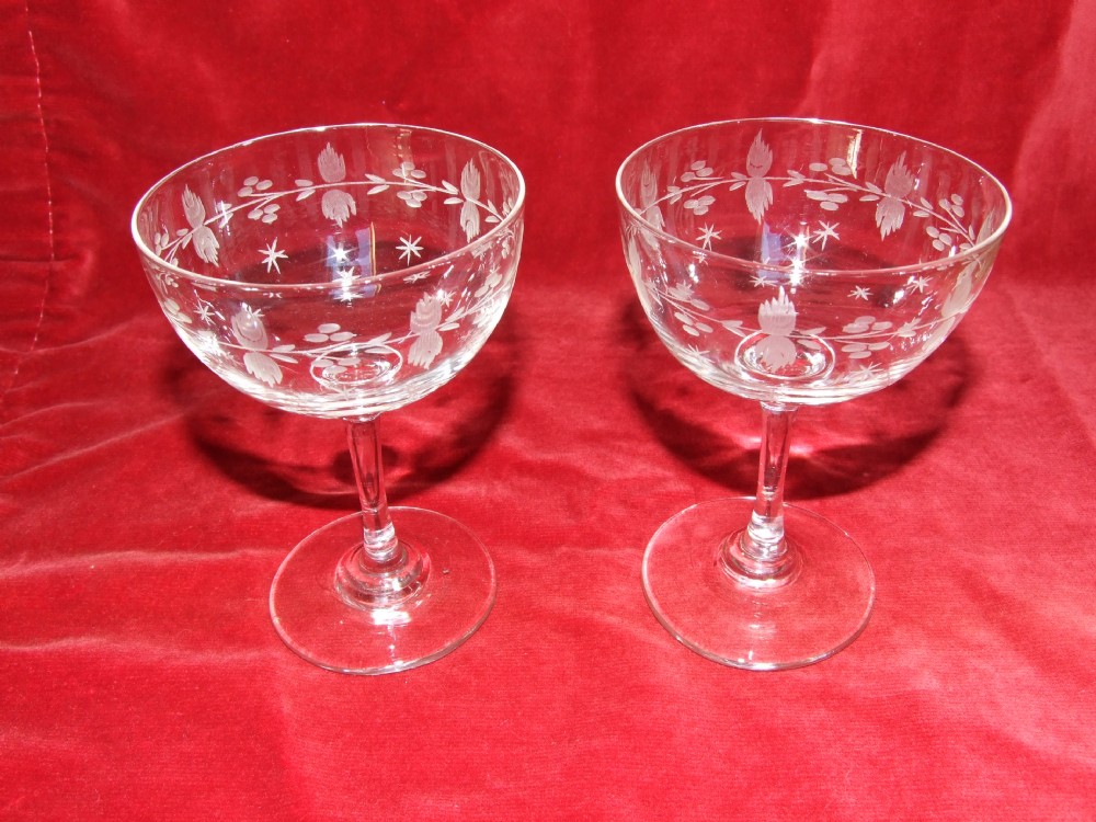 A wonderful pair of Victorian etched champagne bowls.