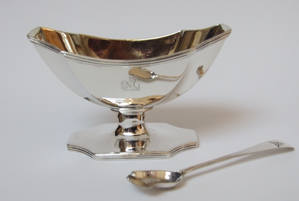 A rare 18th Century silver condiment dish and spoon.