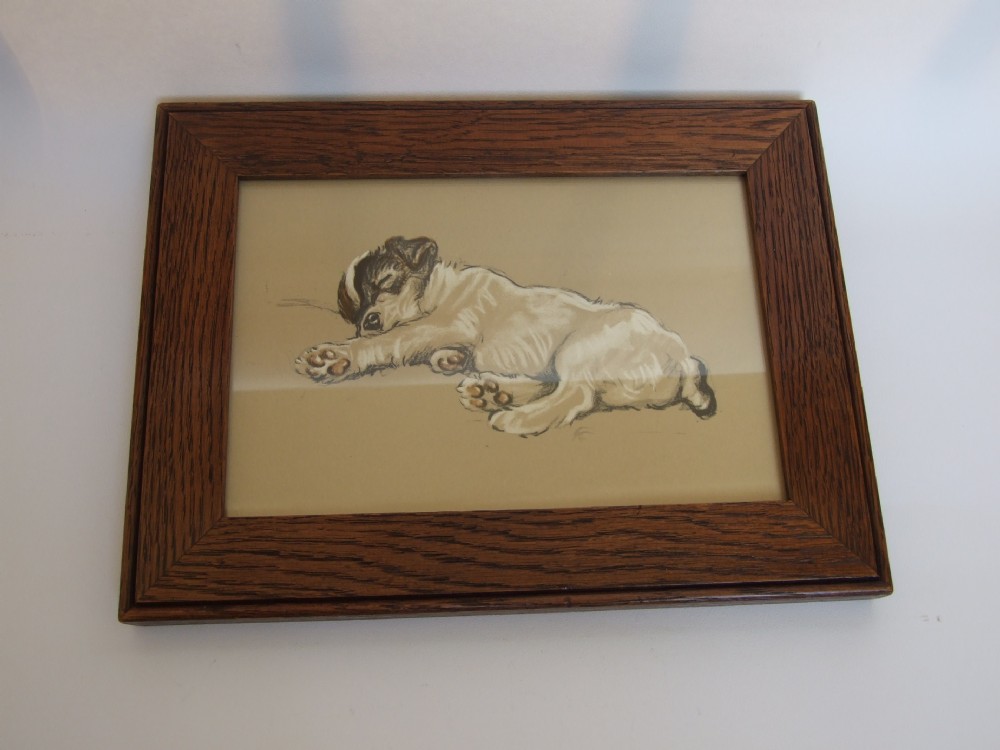 A charming Lucy Dawson vintage print of a sleeping Fox Terrier puppy.