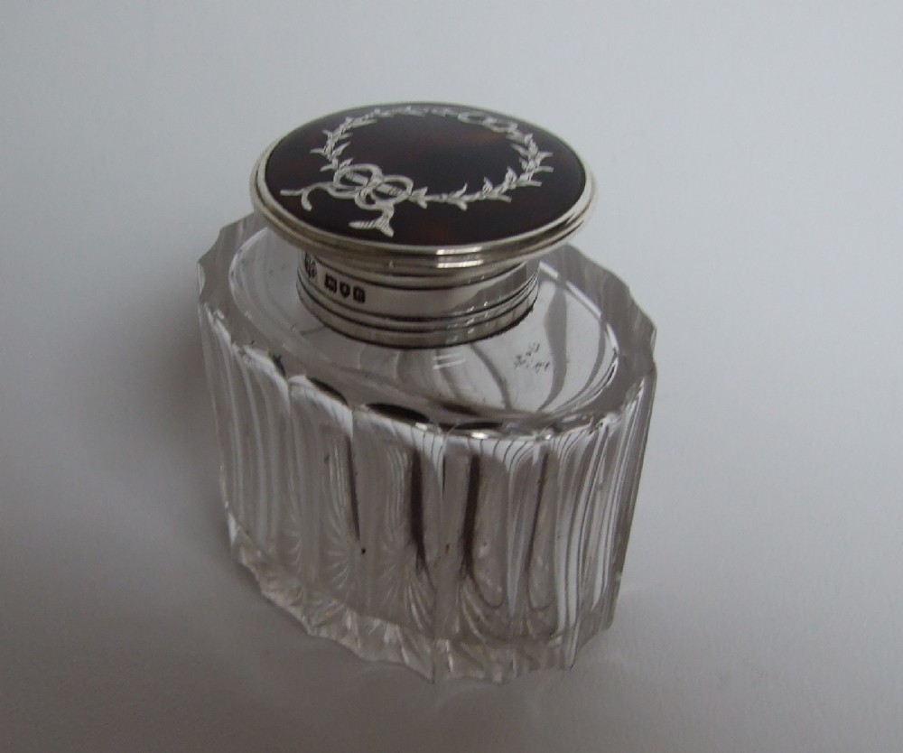 A splendid silver and tortoiseshell mounted ink bottle