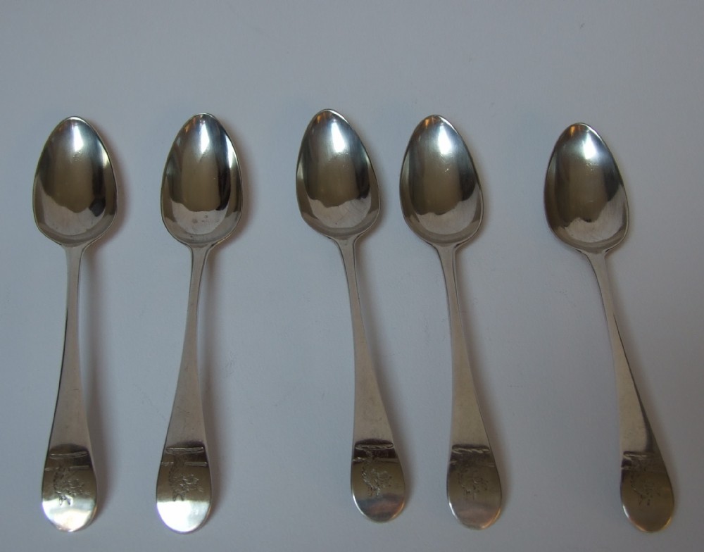 An extremely rare set of 5 silver Peter & Jonathan Bateman teaspoons.