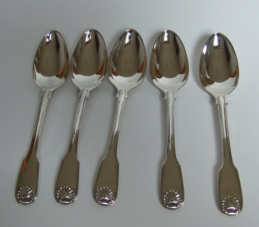 Rare set of five silver fiddle, thread & shell dessert spoons.