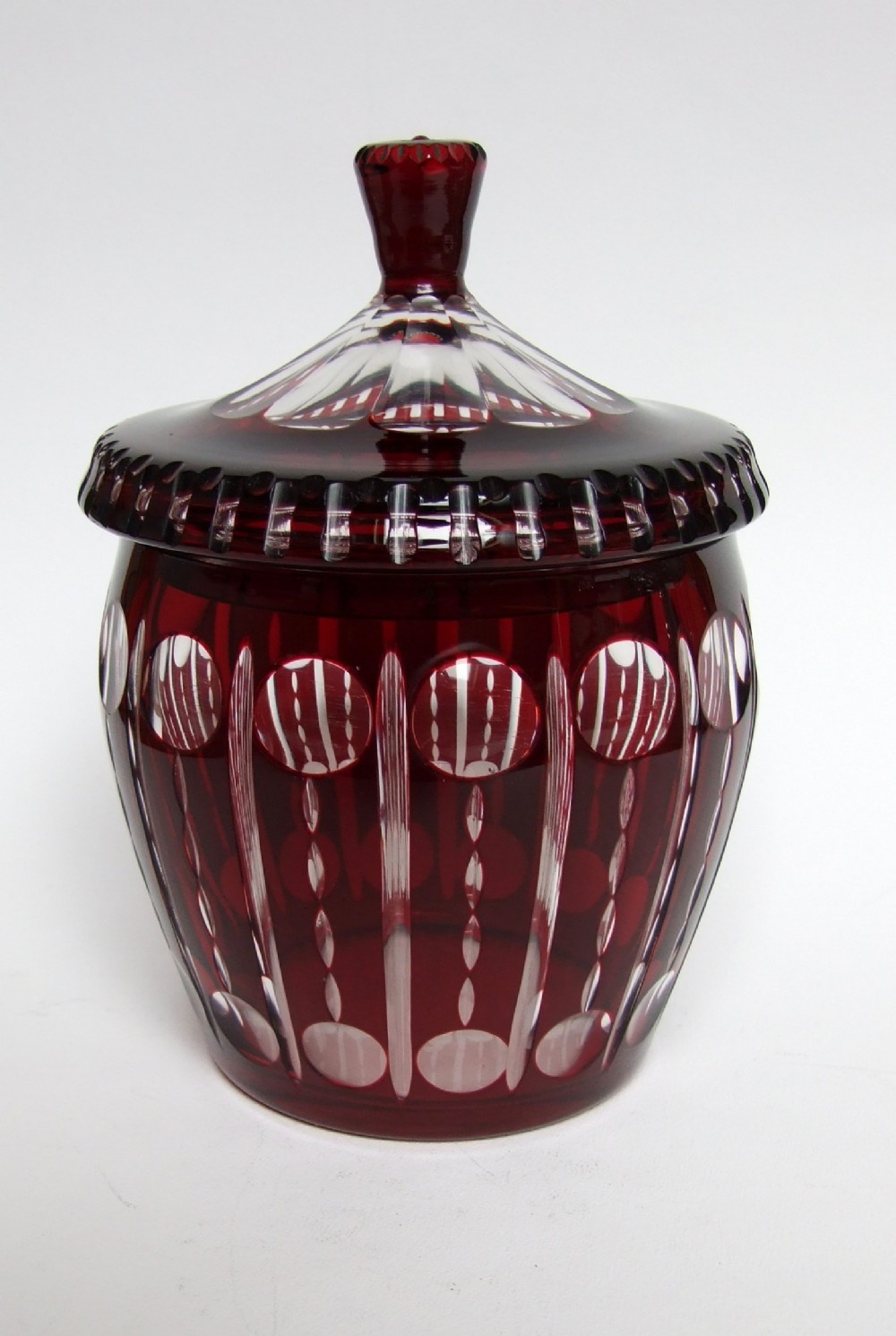 A gorgeous Edwardian ruby glass biscuit/cracker barrel.