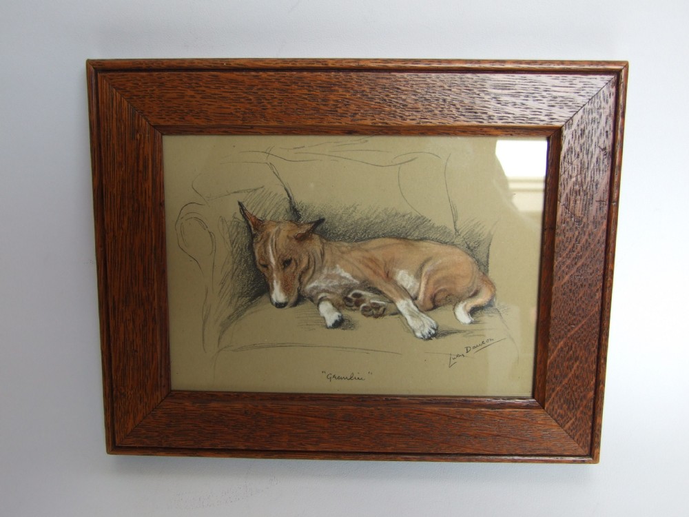 A charming vintage Lucy Dawson print of a Bull Terrier in a handsome oak frame.