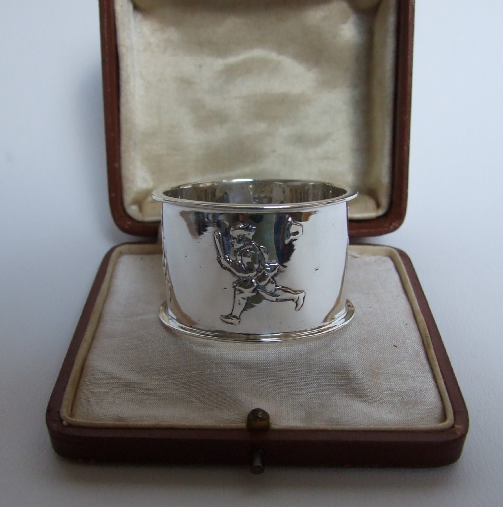 A rare nursery rhyme Edwardian boxed silver napkin ring.