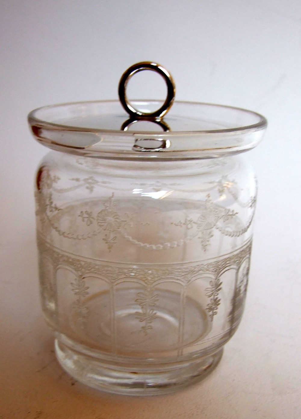 A charming small silver & glass etched preserve jar.