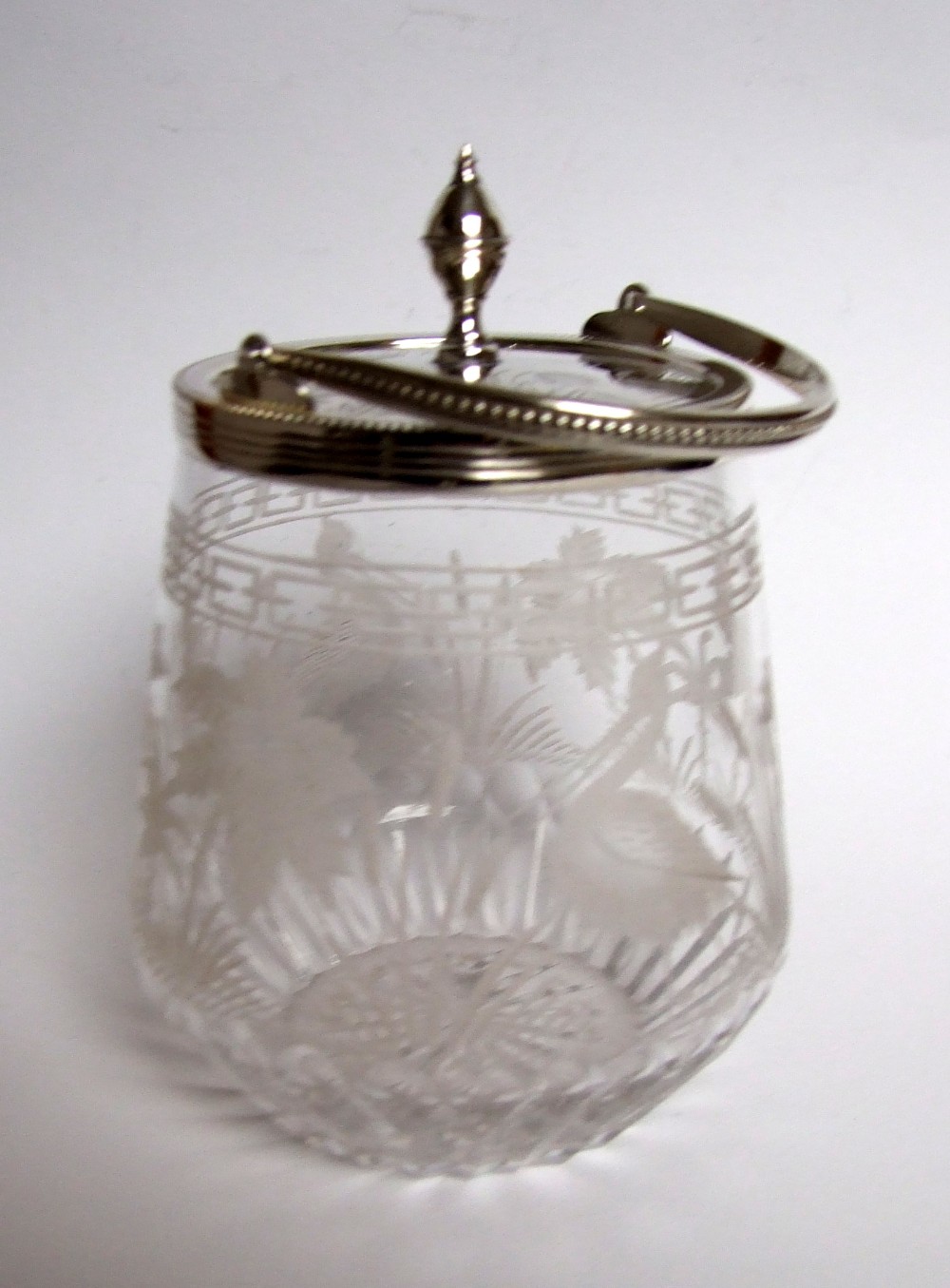 A superb stork engraved Victorian preserve pot.
