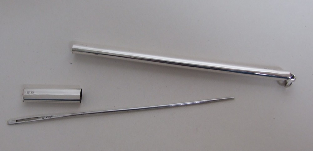 A rare silver bodkin and case. Sewing interest.