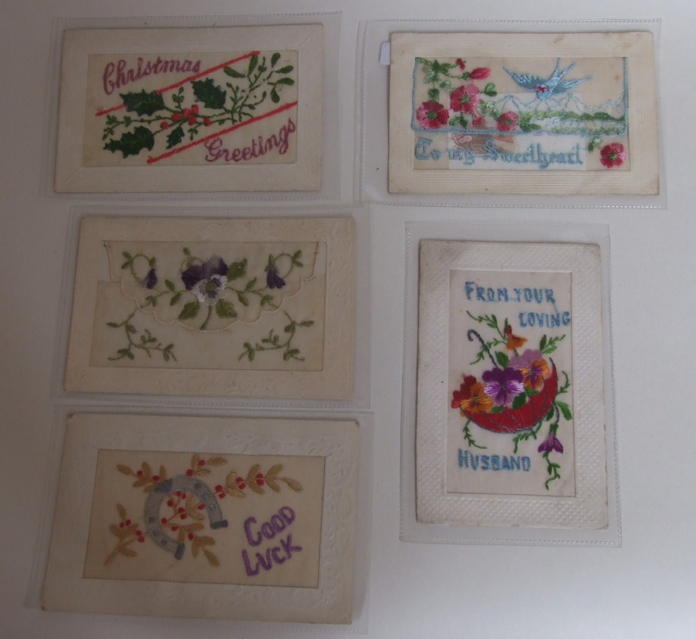 A set of five First World War silk & embroidery postcards from France.