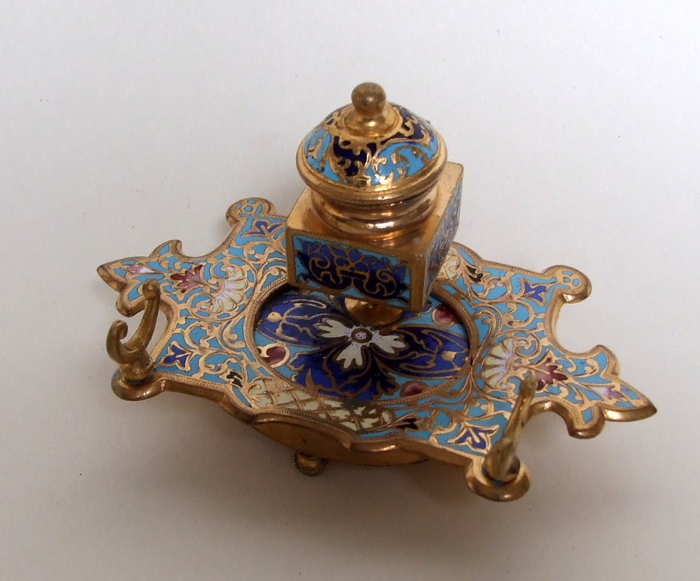 A stunning 19th Century champleve French enamel inkwell.