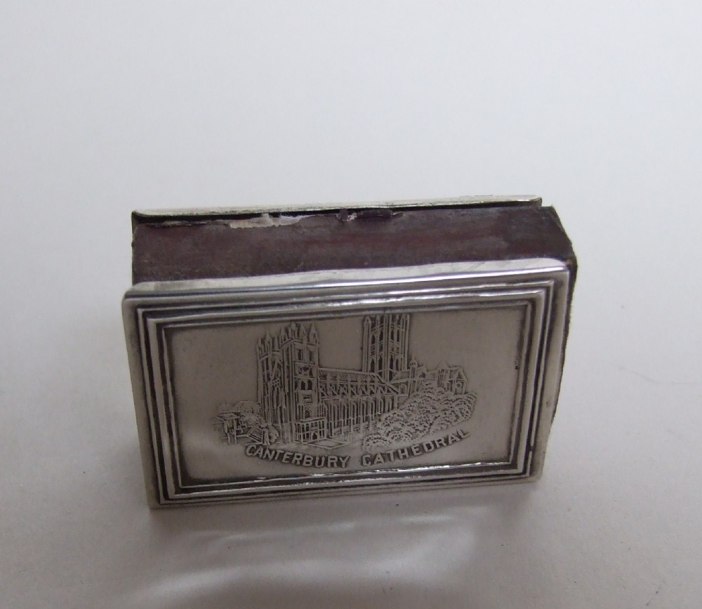 A rare Edwardian silver match box case 'Canterbury Cathedral'.