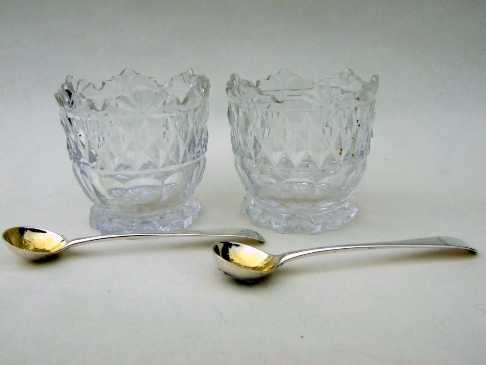 A handsome pair of cut glass Regency condiment tubs and silver spoons.