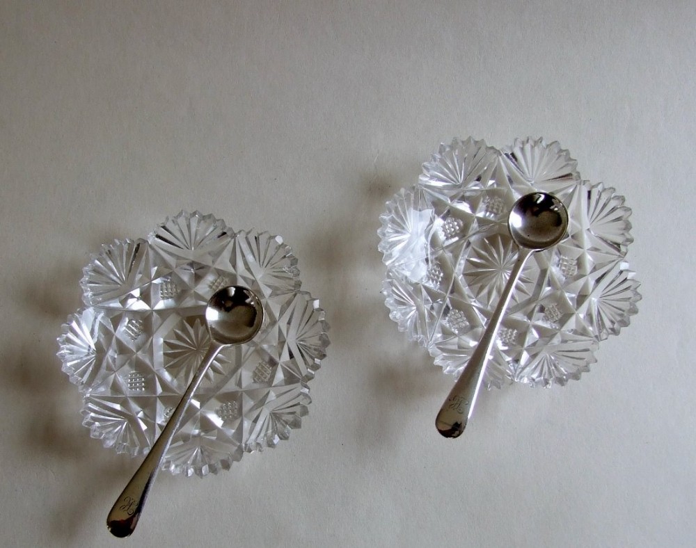 A delightful pair of Edwardian cut glass condiment dishes and silver spoons.
