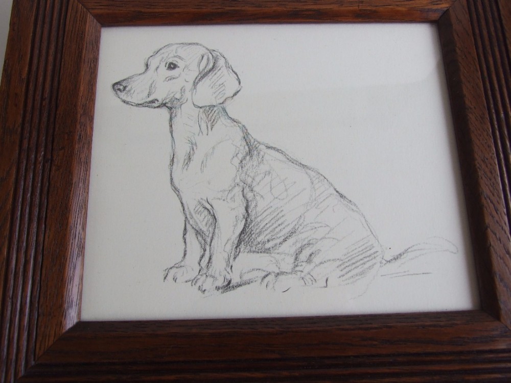 A vintage Lucy Dawson print of a Dachshund in an oak frame.