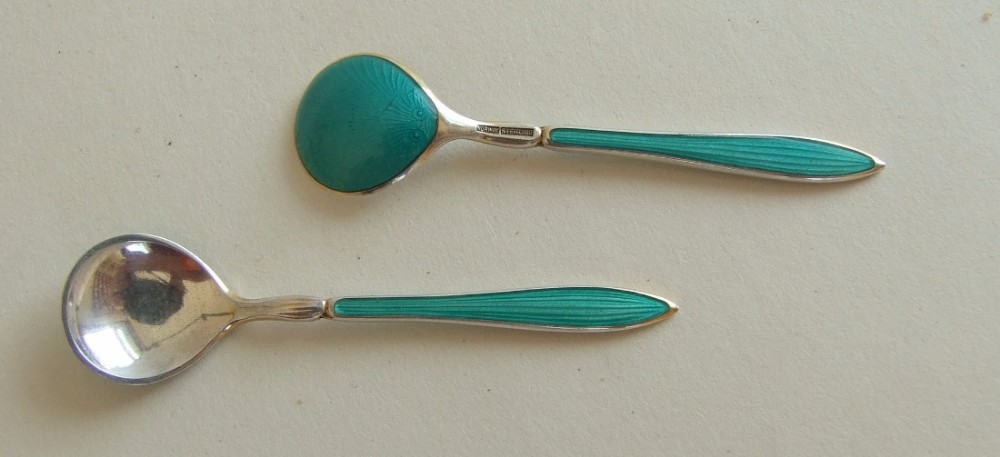 A gorgeous pair of Norwegian silver & guilloche enamel salt spoons.