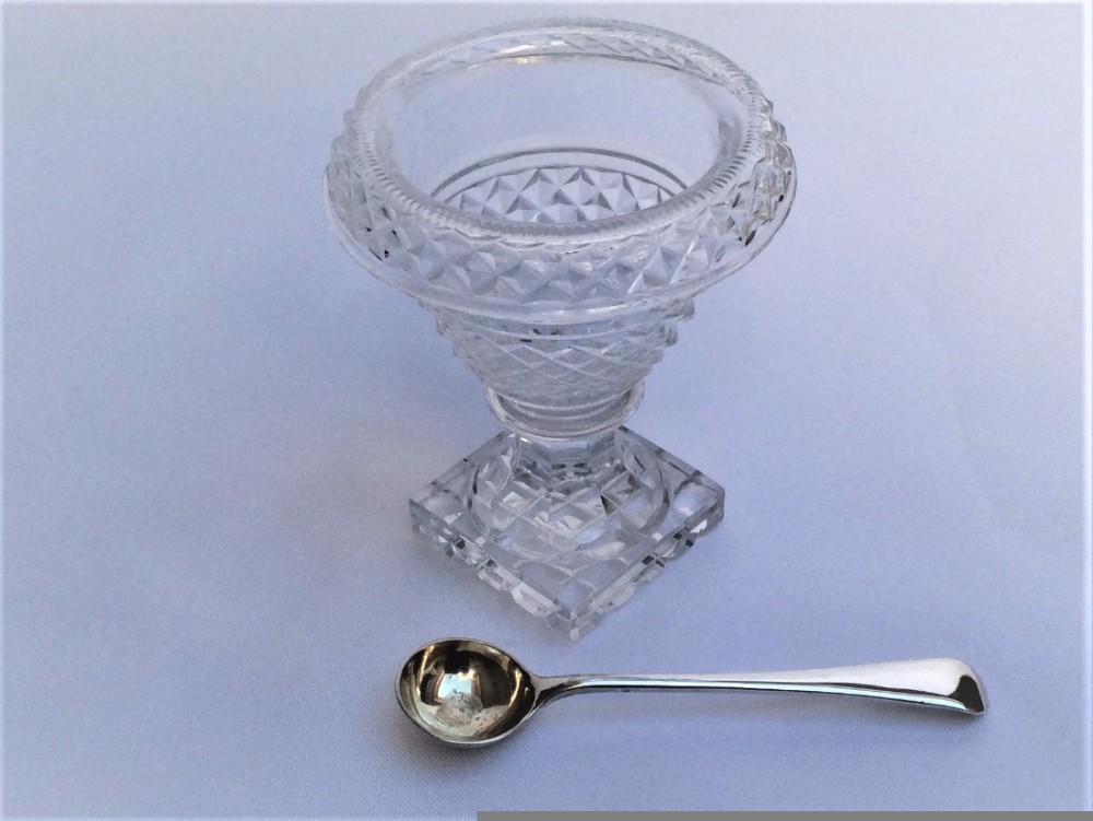 A Georgian style cut glass condiment tub & silver spoon.