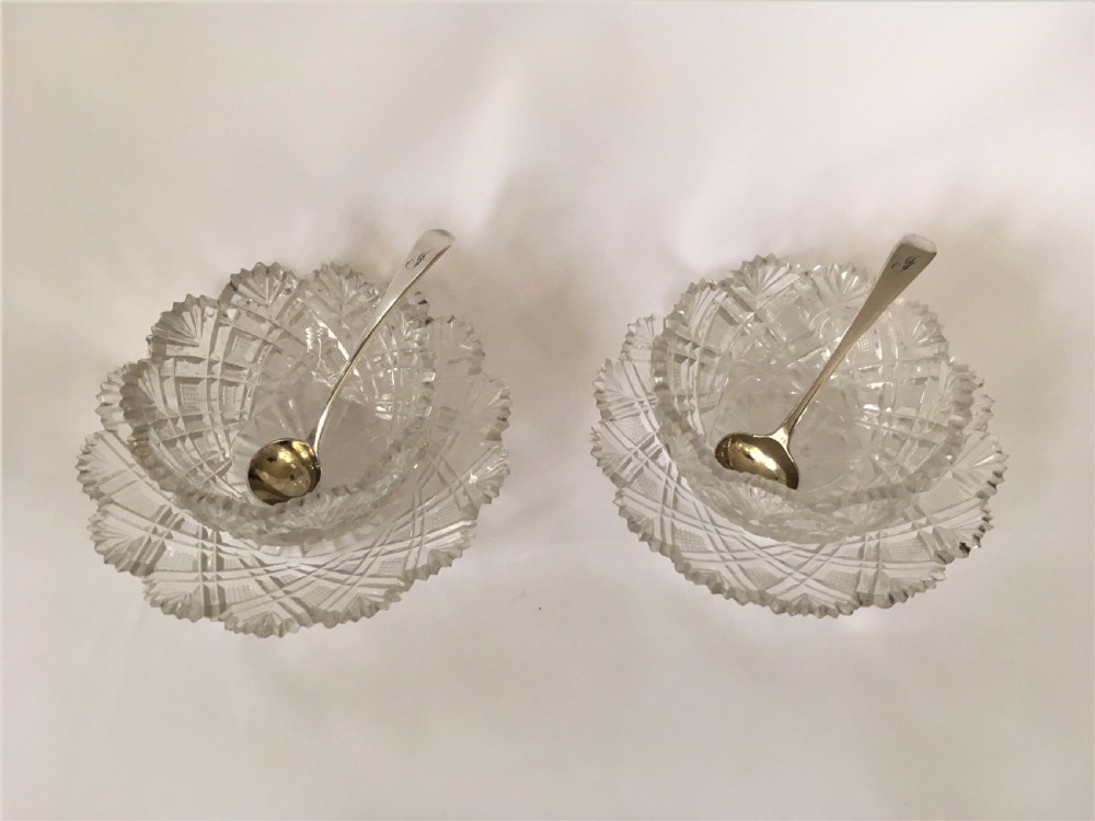 A fabulous pair of Regency cut glass condiment tubs & silver spoons.