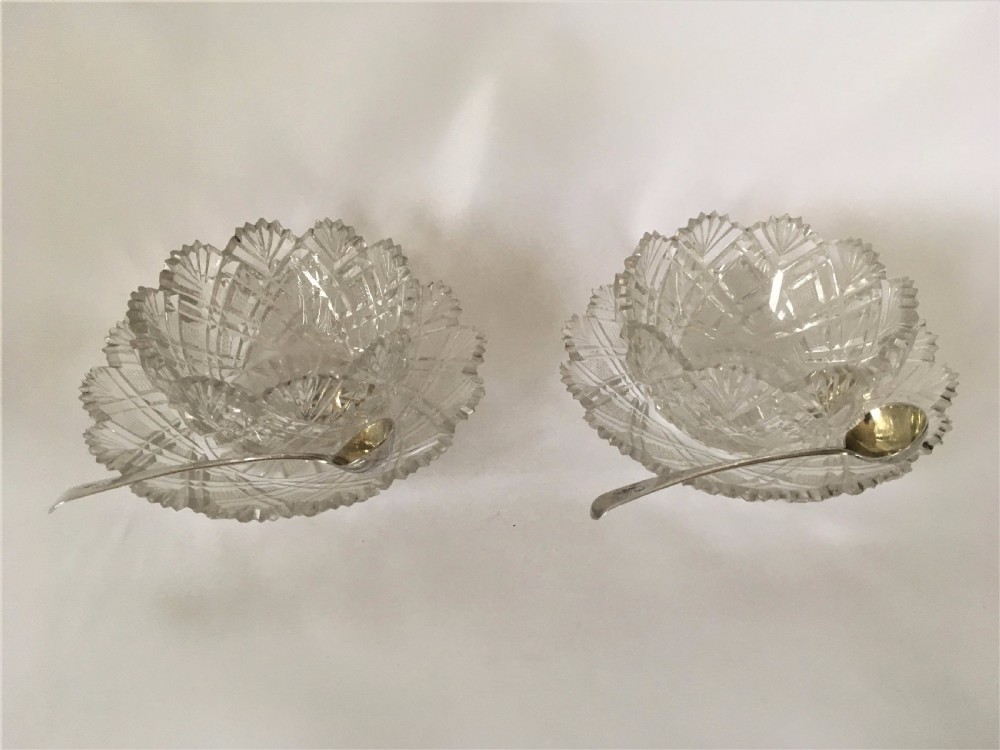 A fabulous pair of Regency cut glass condiment tubs & silver spoons. View II
