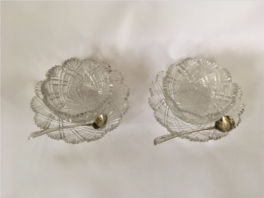 A fabulous pair of Regency cut glass condiment tubs & silver spoons. View III