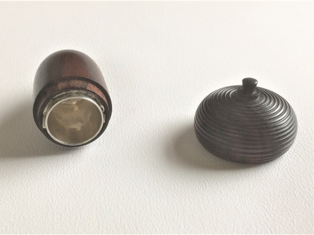 A gorgeous Victorian silver thimble in treen acorn case. View II