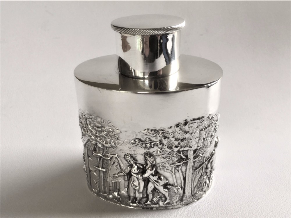 A superb Edwardian scenic silver tea caddy View IV