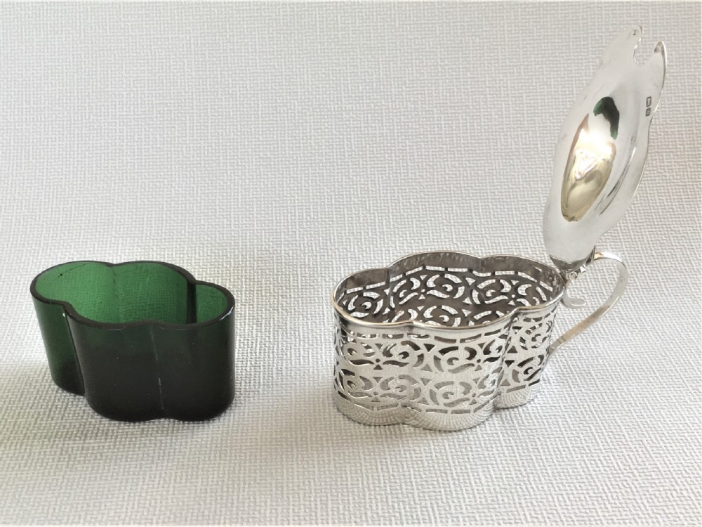 A Chester silver & green glass mustard pot View III