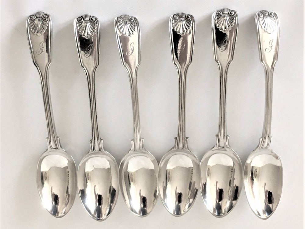 Six Victorian silver fiddle, thread & shell teaspoons
