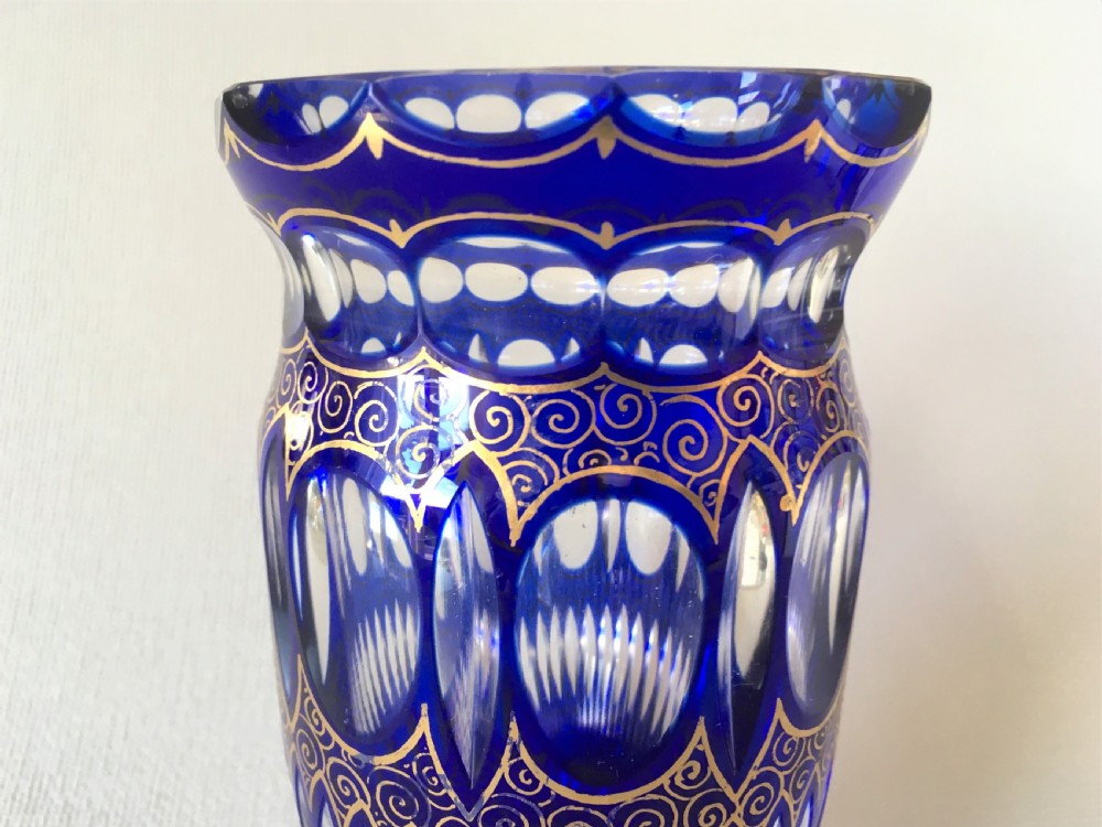 A stunning Bohemian blue glass & gilded vase View V