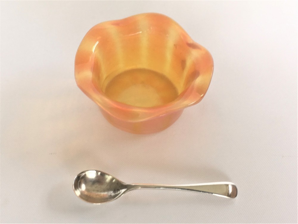 A Victorian Vaseline glass salt & silver spoon  View III