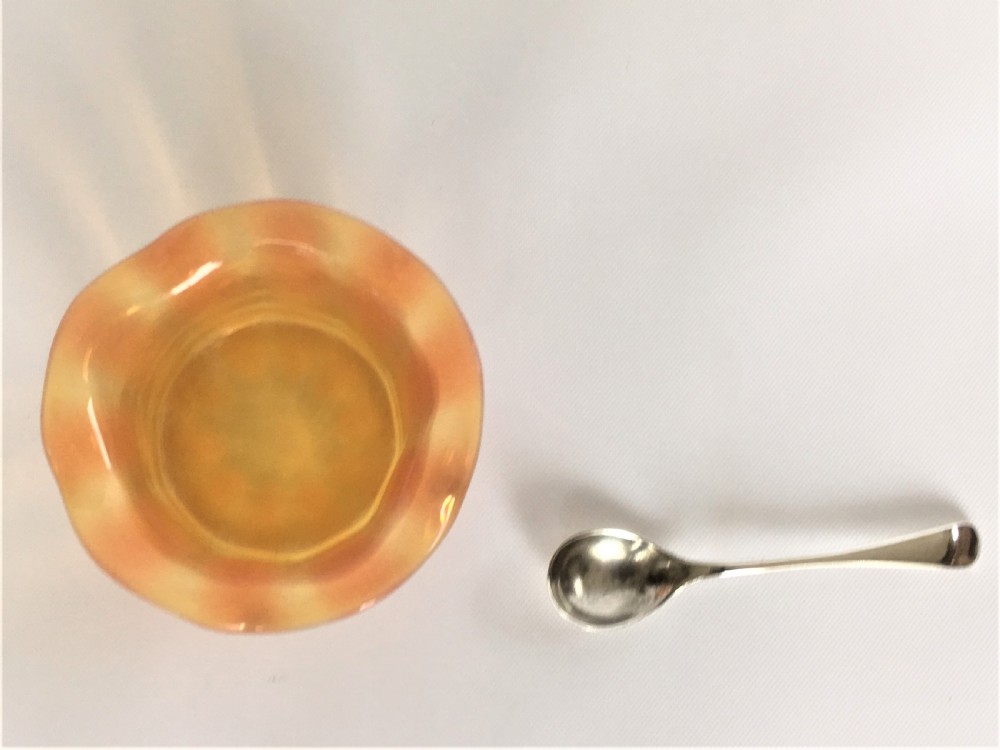 A Victorian Vaseline glass salt & silver spoon  View V