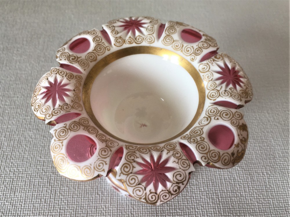 A gorgeous Bohemian overlay white & cranberry salt tub View IX