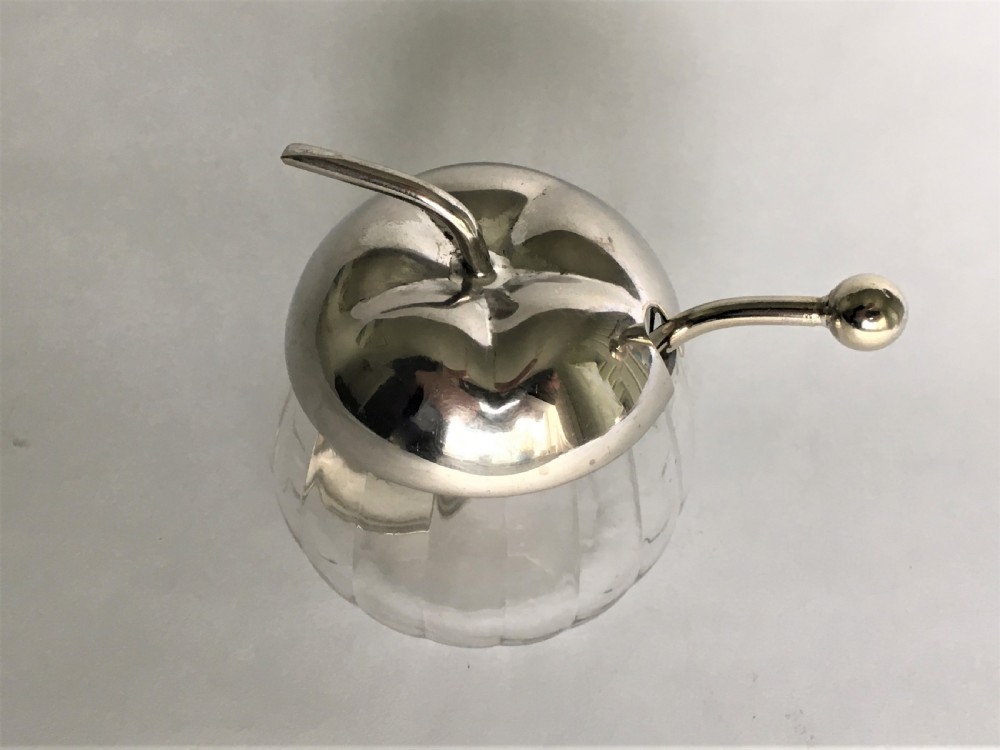 A charming silver plated & glass apple sauce pot View II