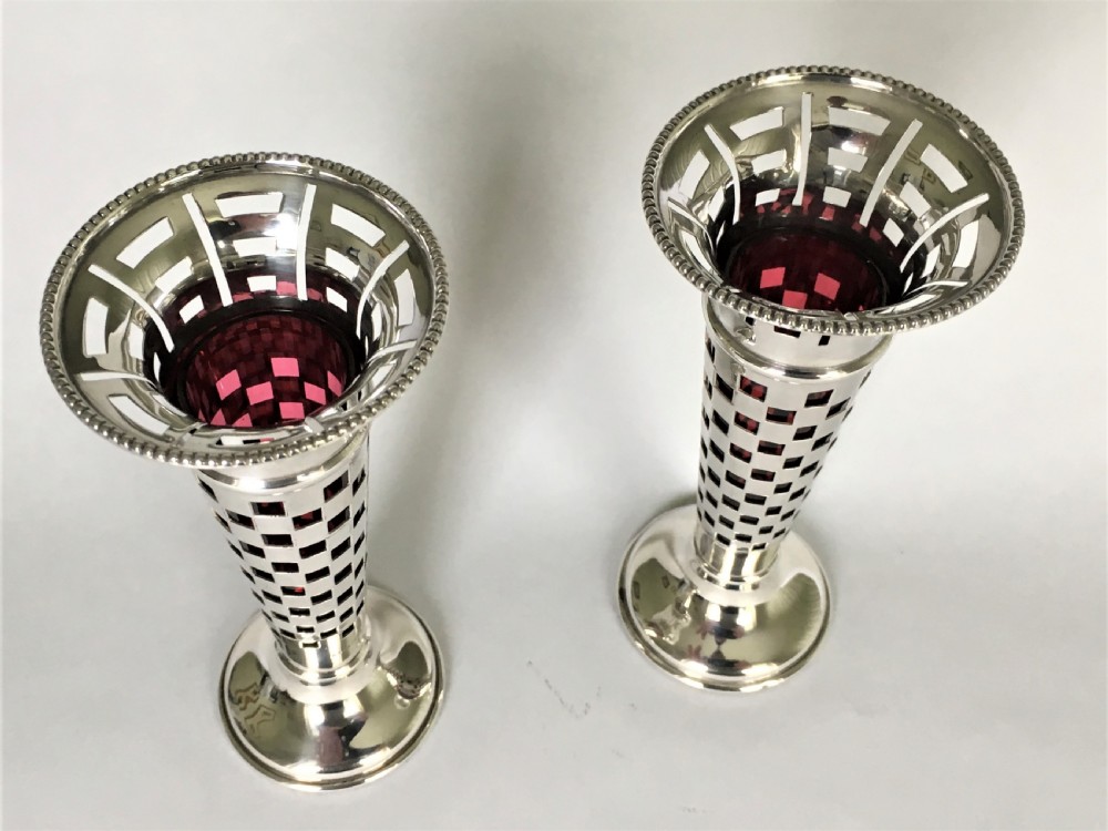 A gorgeous pair of silver & cranberry bud vases View II