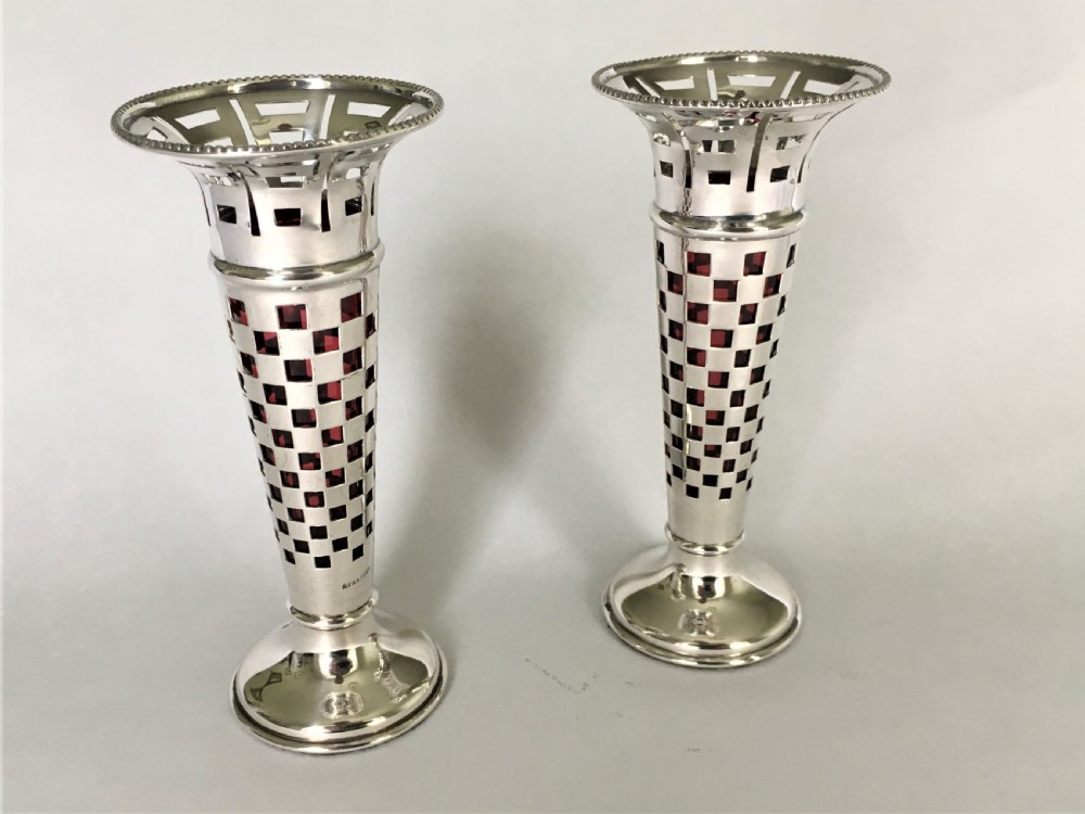 A gorgeous pair of silver & cranberry bud vases View IV
