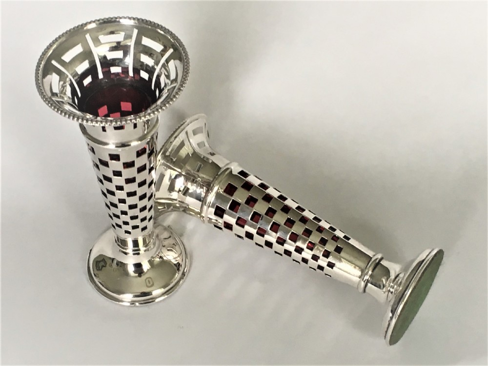A gorgeous pair of silver & cranberry bud vases View VI