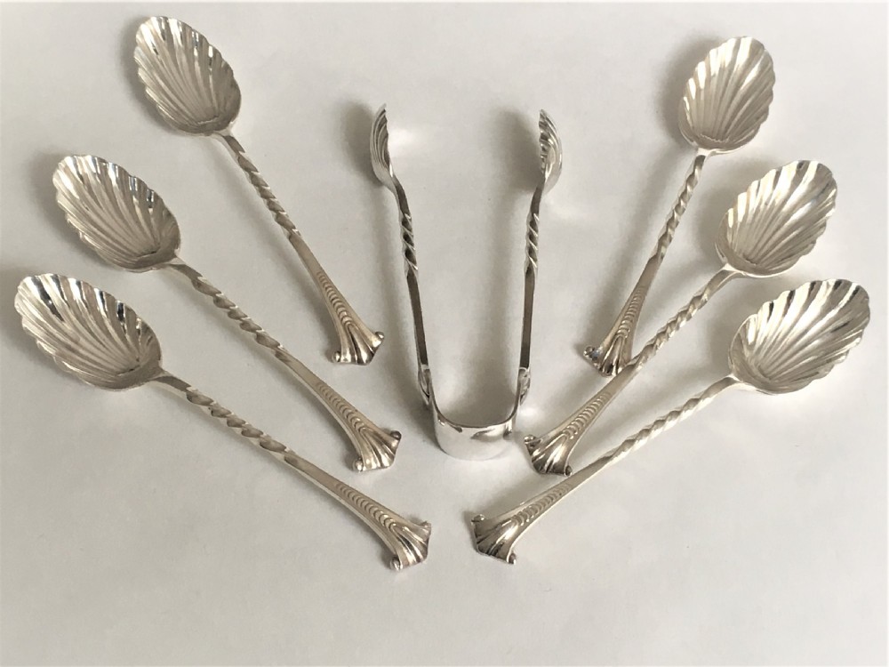A wonderful set of 6 silver Onslow pattern teaspoons and tongs View II