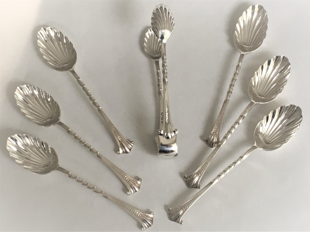 A wonderful set of 6 silver Onslow pattern teaspoons and tongs View III