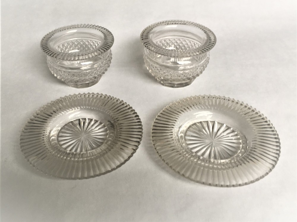 A fabulous pair of Regency glass condiment tubs & saucers View II