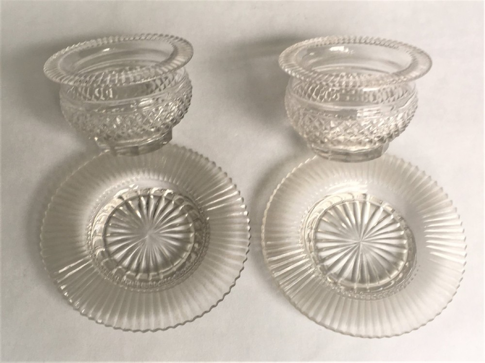 A fabulous pair of Regency glass condiment tubs & saucers View VI
