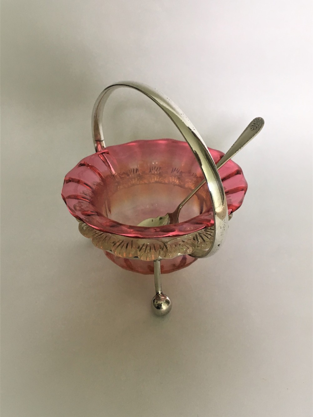 A Victorian Vaseline glass and silver plated preserve dish and spoon View II
