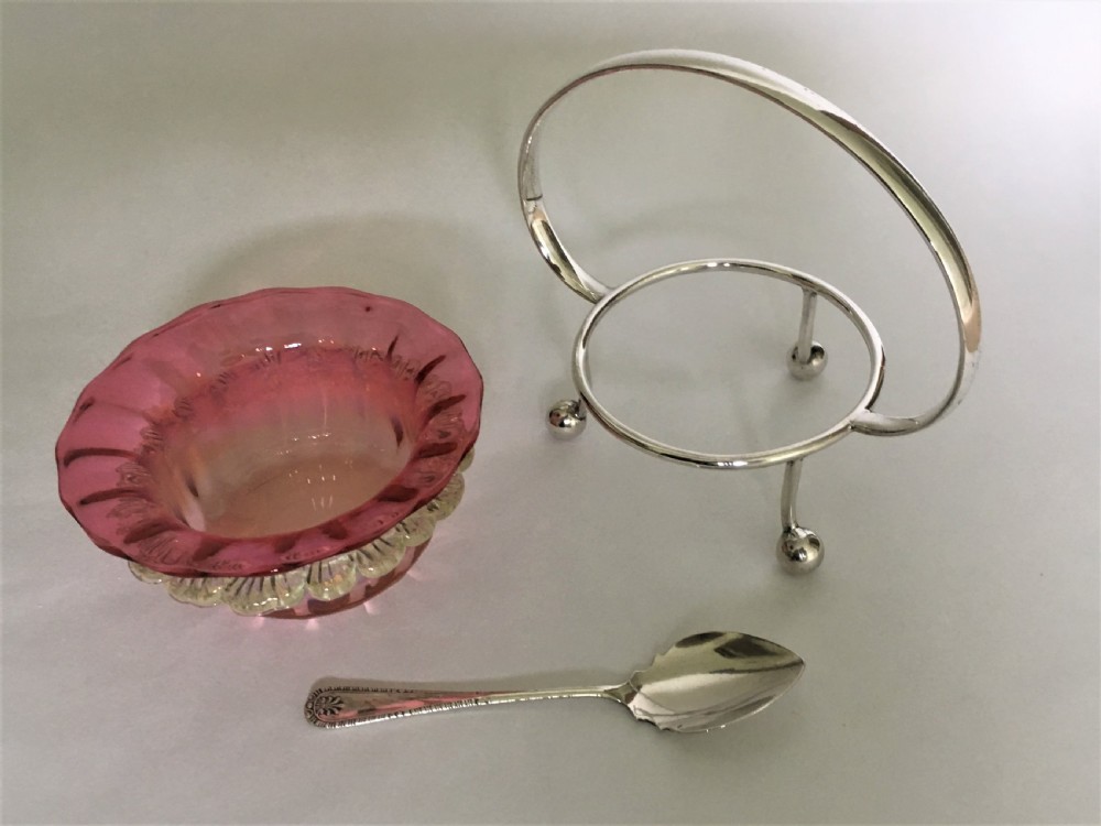 A Victorian Vaseline glass and silver plated preserve dish and spoon View VI