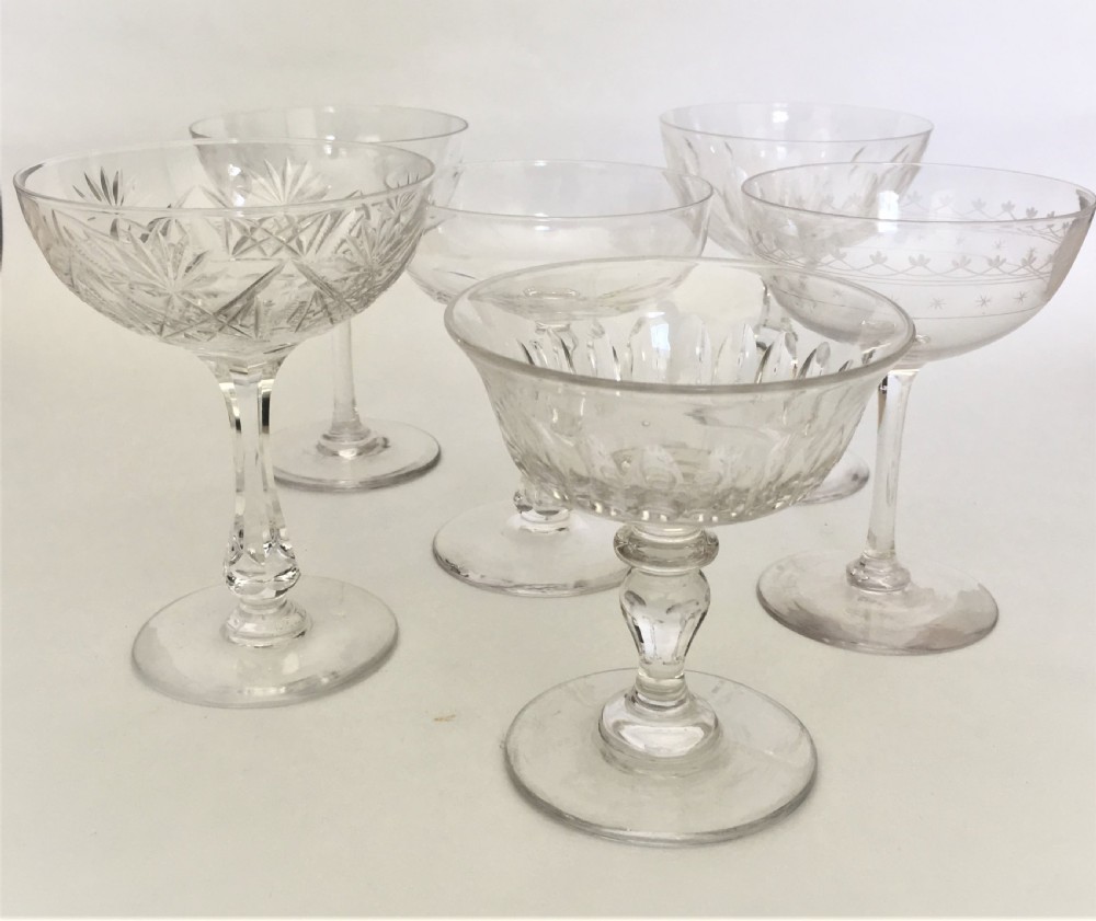 A harlequin set of 6 cut and etched champagne bowls View II