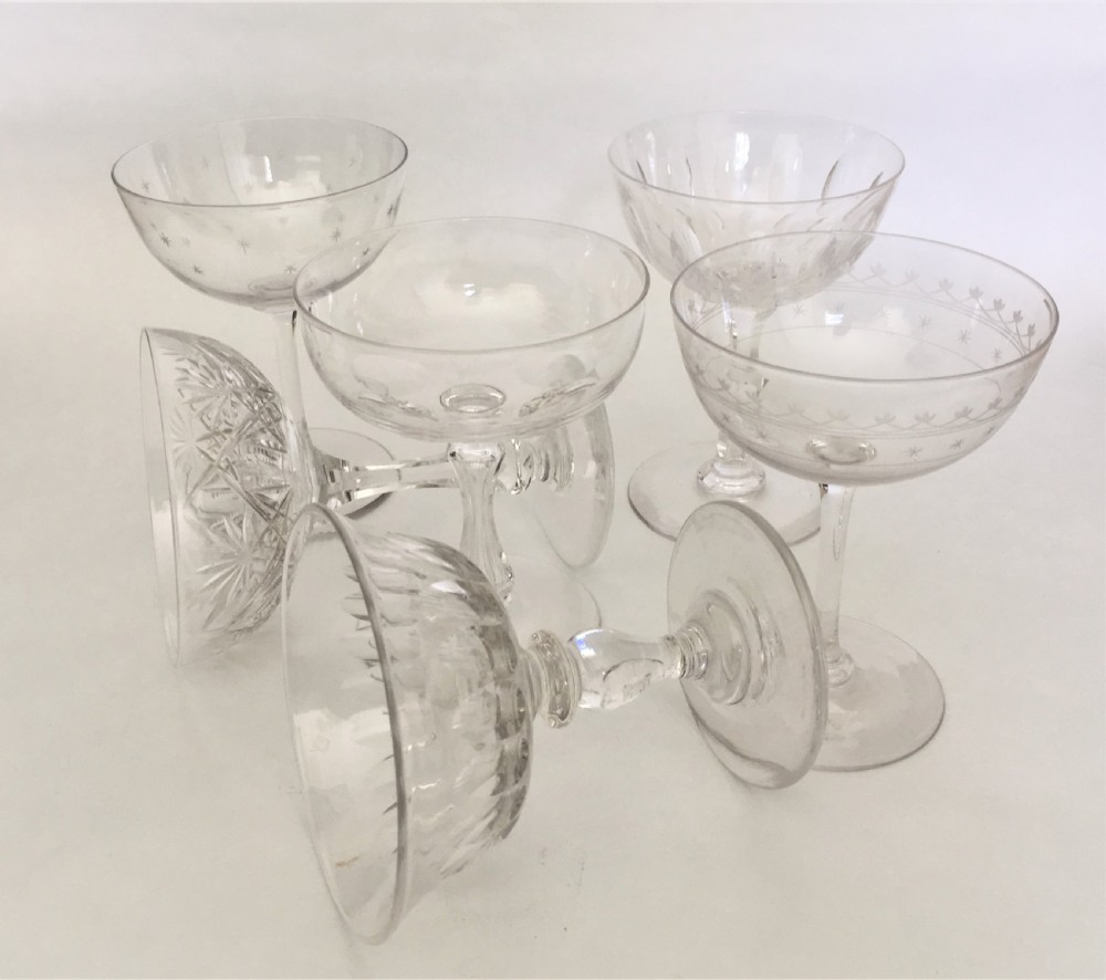 A harlequin set of 6 cut and etched champagne bowls View IV
