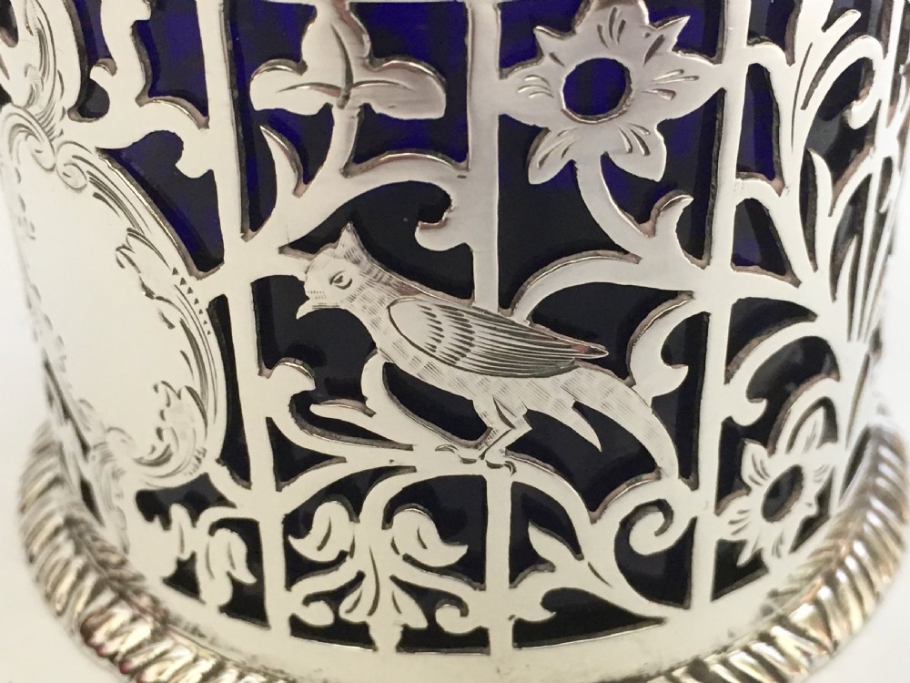 A superb pierced silver mustard pot with birds & flowers View IV