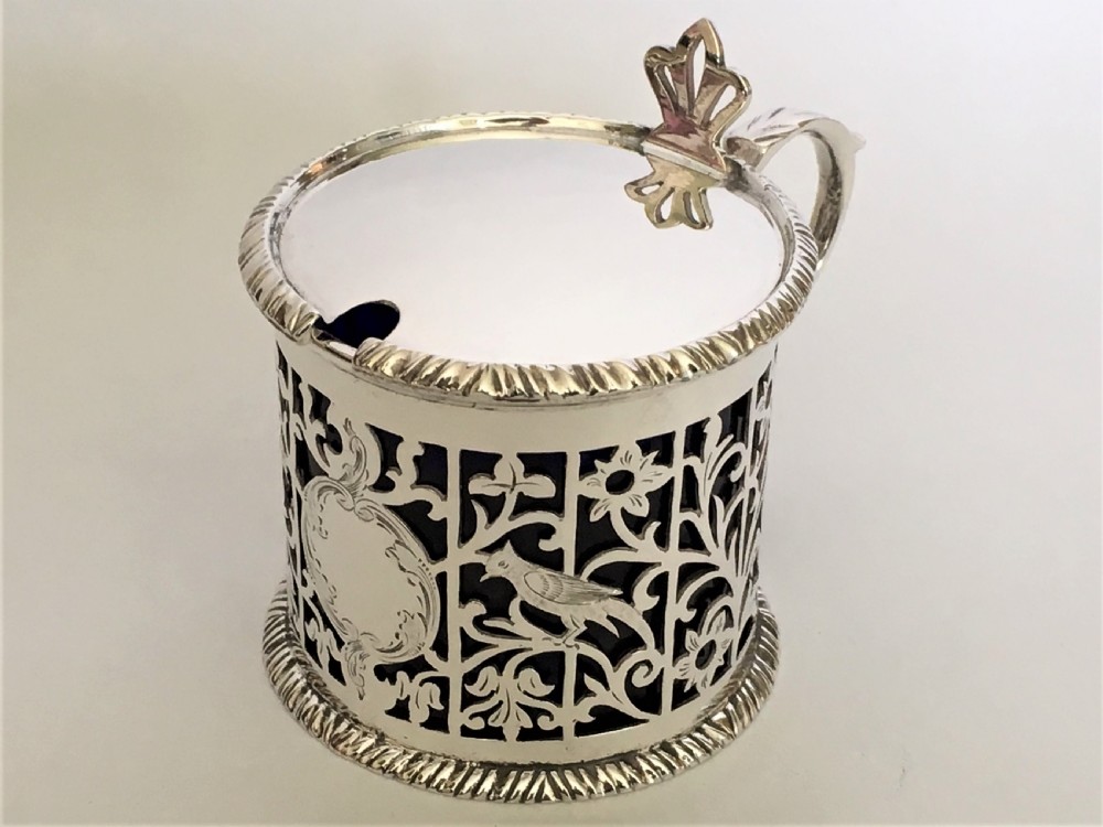A superb pierced silver mustard pot with birds & flowers View VIII